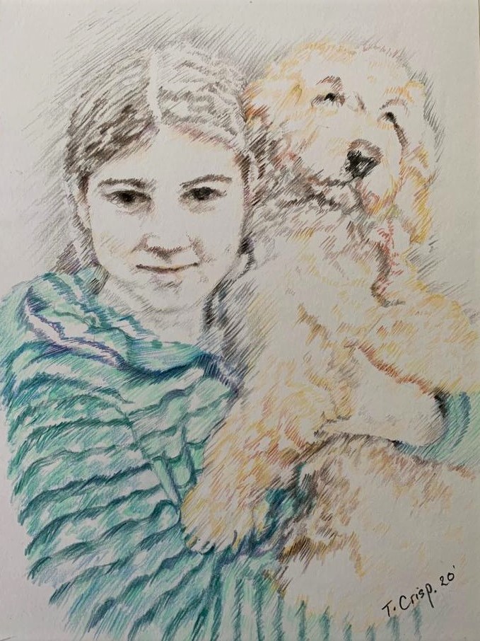 A5 colour pencil portrait of a girl and her cockapoo dog