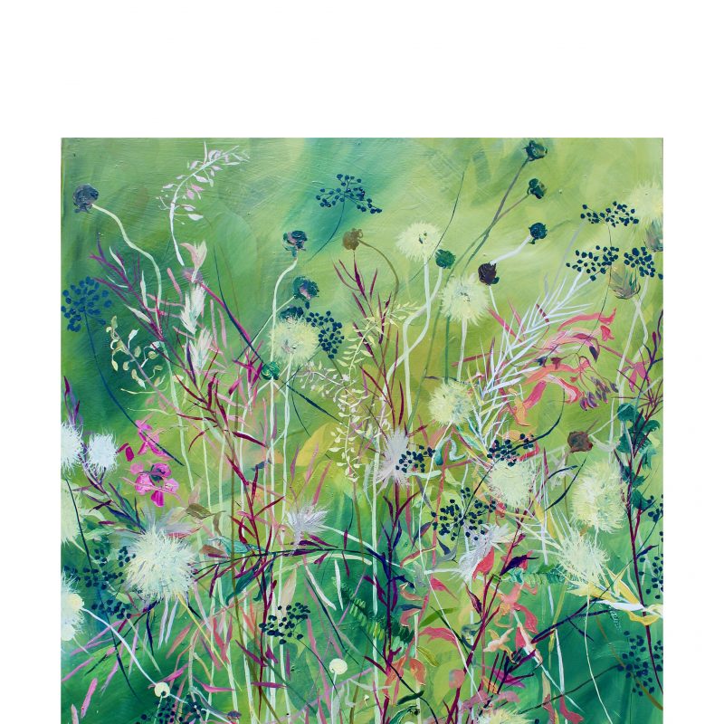 Oil on canvas, multi coloured and layered wild flowers and hedgerow in greens, whites and a shot of hot pink