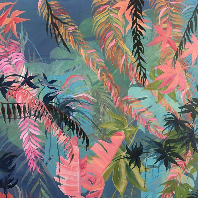 A layered pink and green and blue tropical painting 