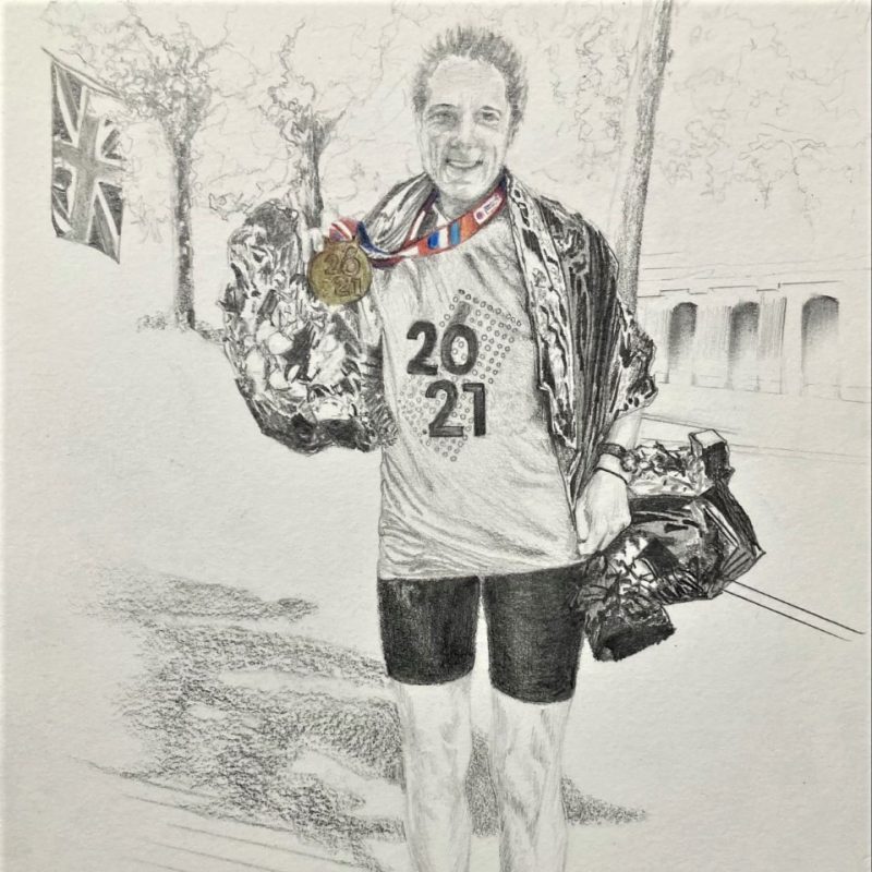 Sarah, London Marathon finisher 2021 with medal, drawing in graphite and colour pencil on paper