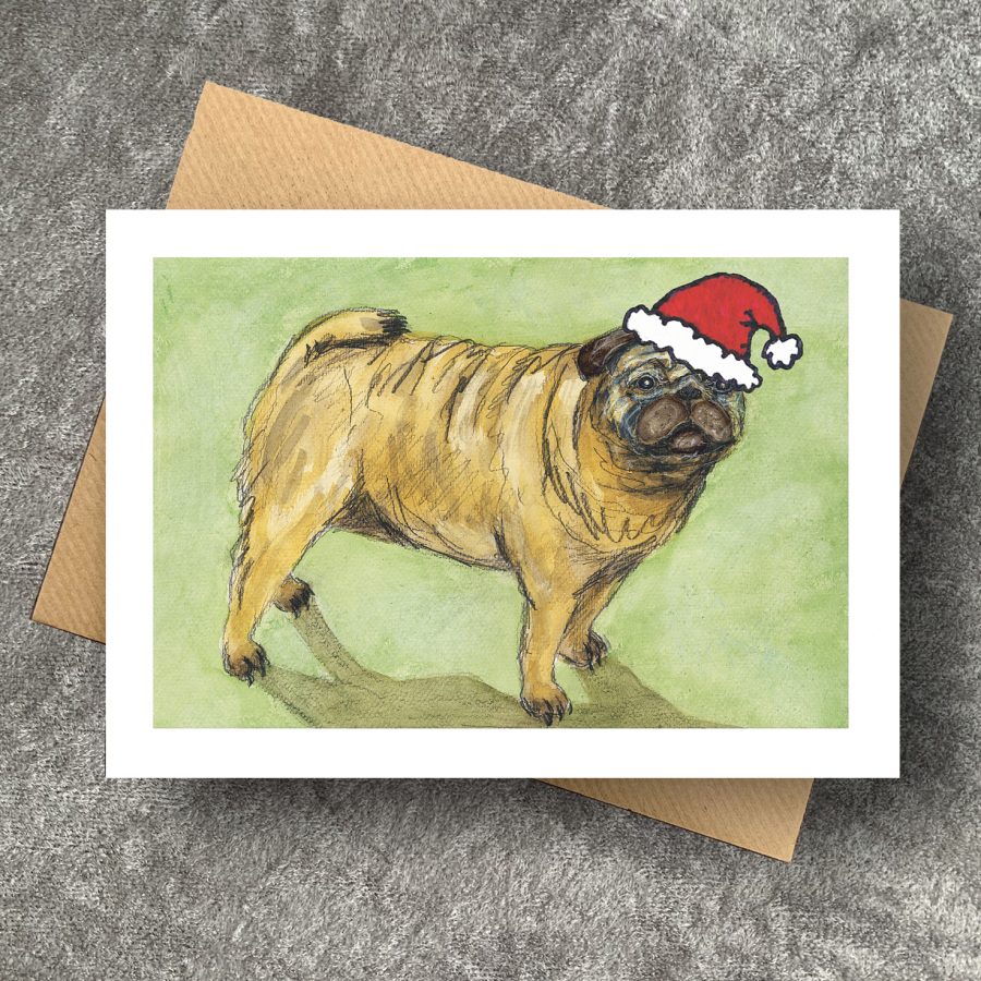 A cheerful cheeky Pug dog wearing a Santa hat at a jaunty angle