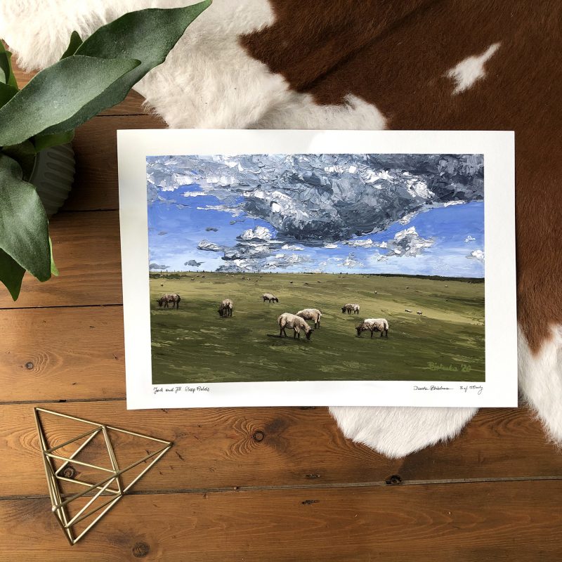 Small group of grazing sheep across olive grasses of Sussex Downs. Grass is textured with impasto strokes giving it dynamic character. Above the horizon a dark funnel shaped rain cloud gathers, looming with it's presence as the sheep graze calmly.  