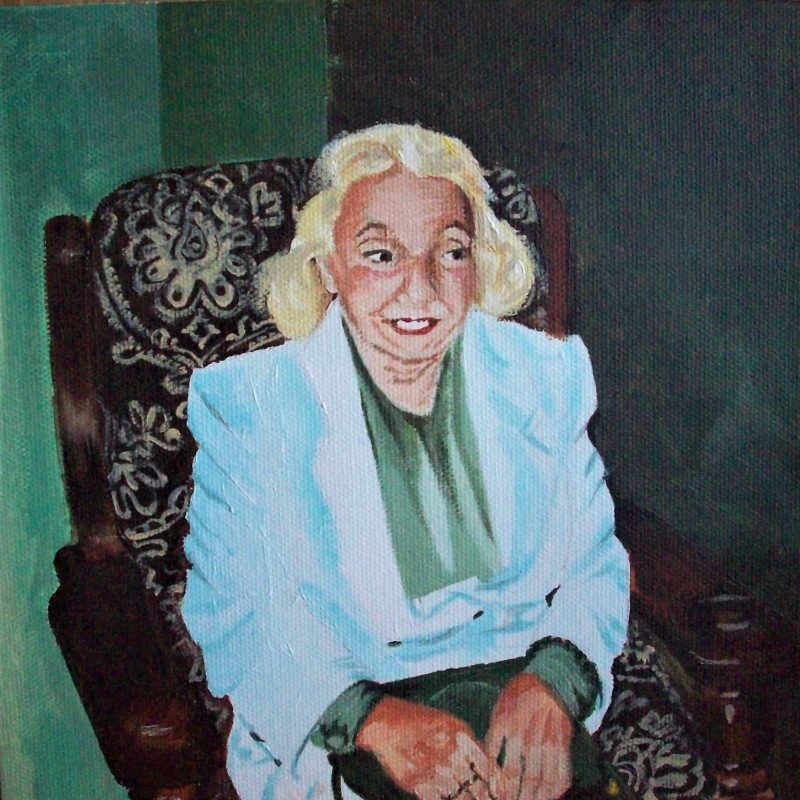 Sonia in white jacket seated in an armchair on a green background, acrylic on square canvas