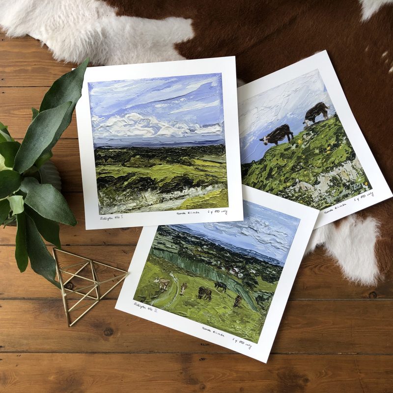 A series of 3 limited edition giclée prints featuring picturesque views of hills and grazing cows near Sullington in West Sussex. Scaled up format of those miniature originals creates a unique paint texture effect.