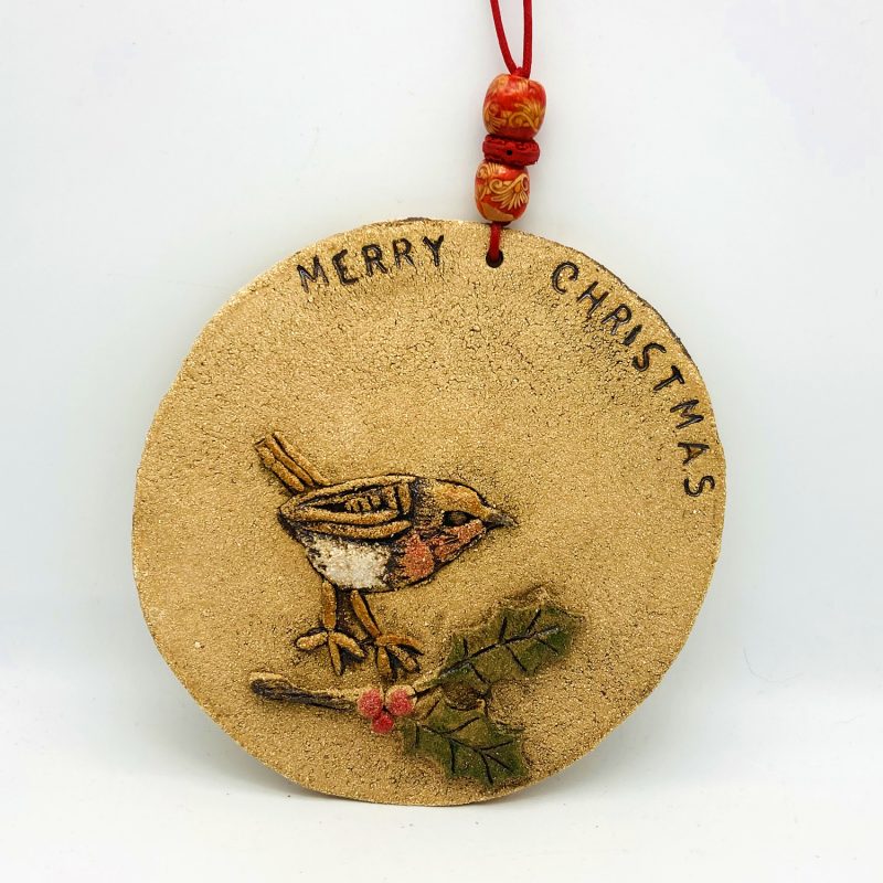 Lovely Robin sitting on a Holly sprig Ceramic Christmas Decoration