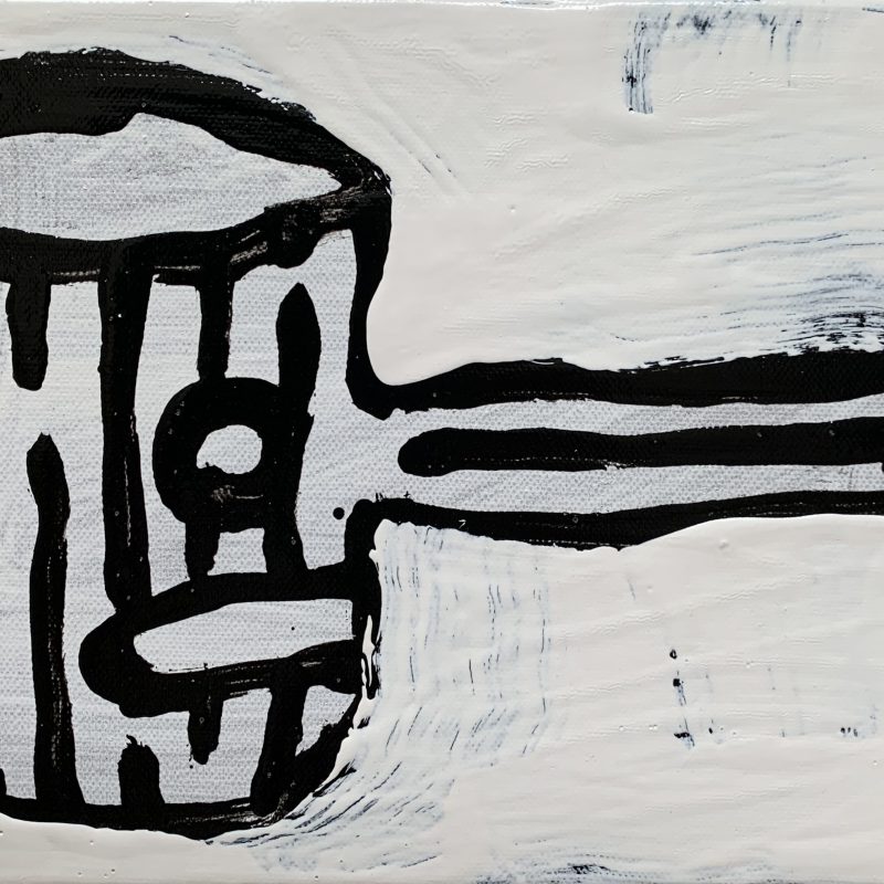 a black and white painting of a wood log with a face and a long nose