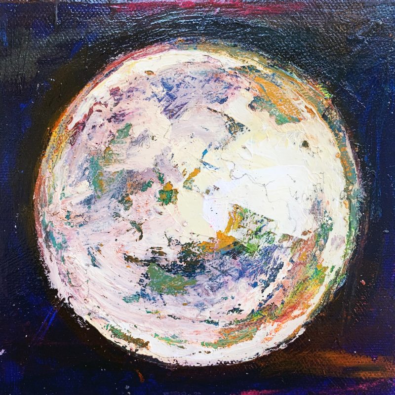Inspired by the full harvest moon, also known as the blessing moon in September 2021 , this original artwork is created using acrylics, ink, oil stick, & pencil on a premium canvas panel, the painting is titled, dated and signed on the reverse side. Framed in a white frame with 2 x metal D-rings and a kickback hinge it is ready to hang.