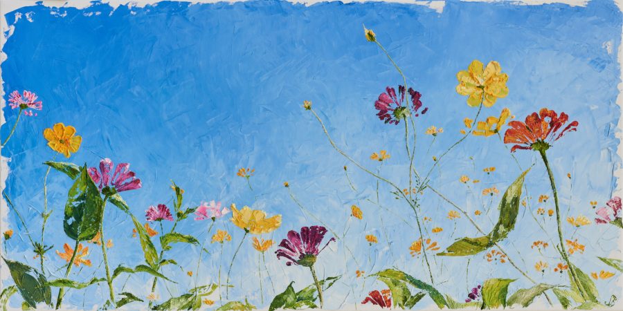 Brightly coloured oil painting of flowers on canvas