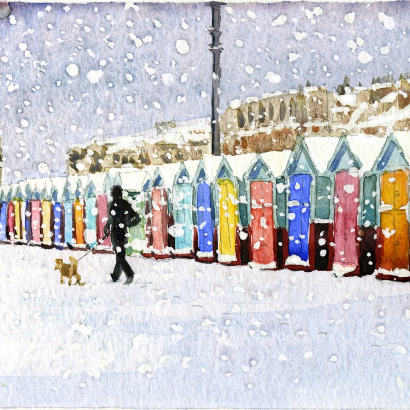 Hove Beach Huts in Snow with Dog Walker