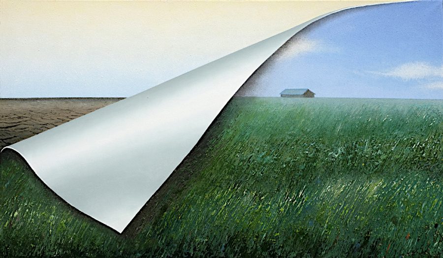 A barn is seen on the horizon of a field of crops, but the top left of the canvas appears folded down to reveal a desert.