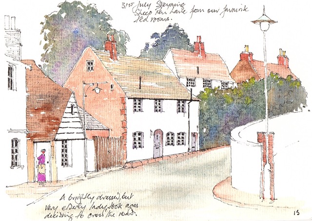 Steyning’s cottages view from tea rooms in Steyning. Watercolours in browns, creams and green. Watercolours. Lamppost on left and words capturing the colours, date around the picture.