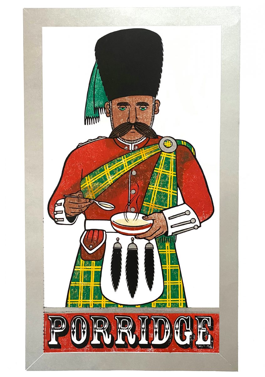 A print of a Scots gård eating Porridge