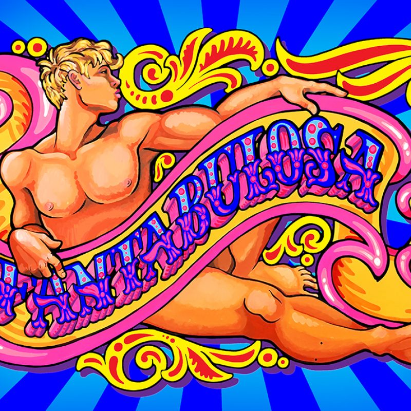 A nude male reclining with the word 'Fantabulosa' in fairground style