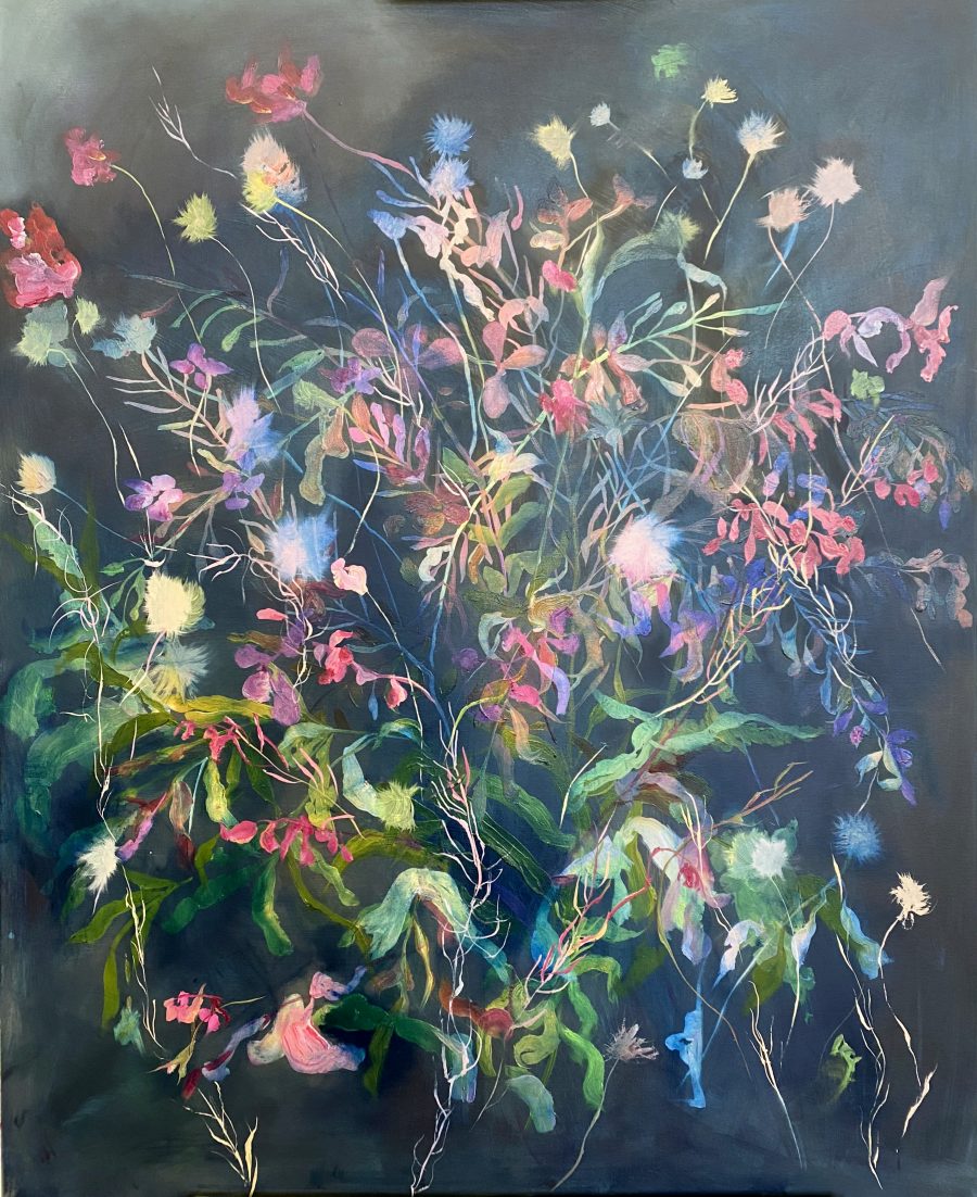 A botanical oil on canvas in pinks, whites and greens depicting layers of wild flowers over a dark blue/black background