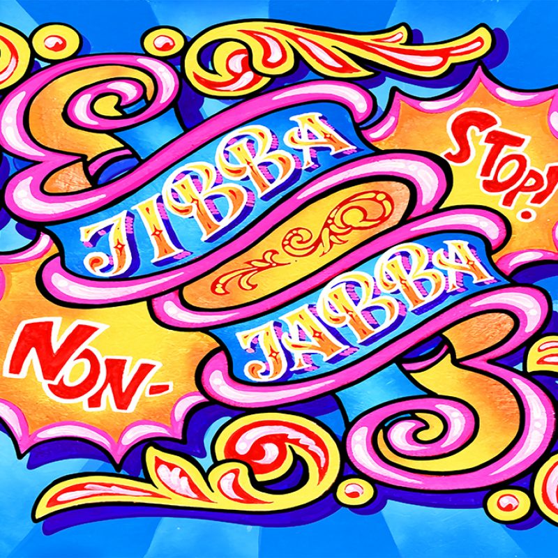 'Non-stop Jibba Jabba' written in a colourful fairground style
