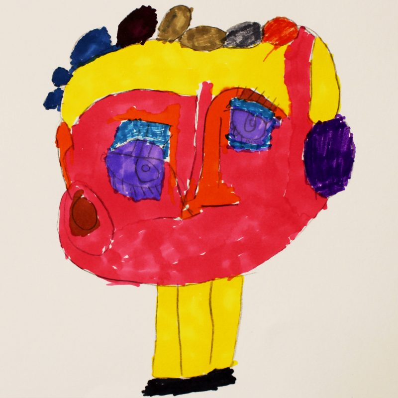 Large dark pink head with big blue eyes, yellow hair and yellow legs