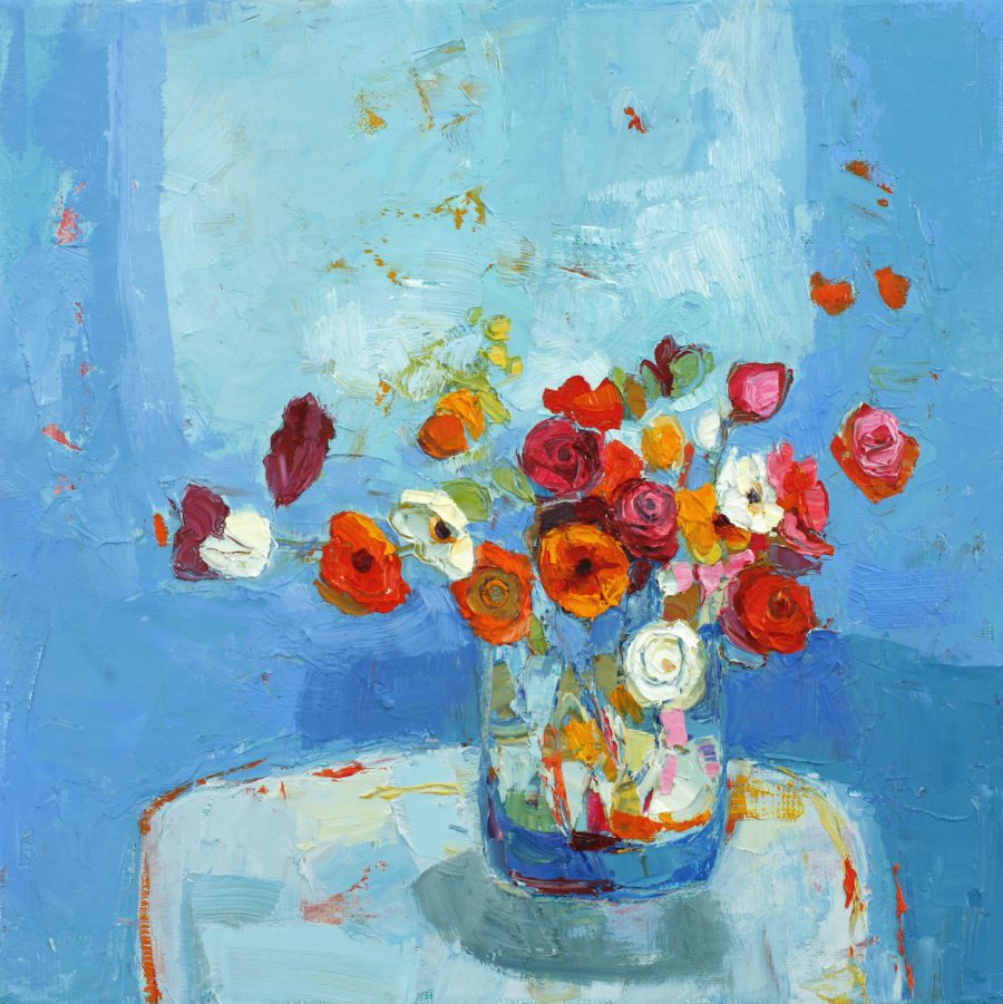 A Still Life oil painting. Heavily textured orange and red flowers sit against a blue background.