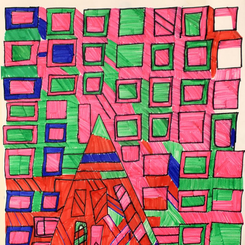 Series of pink squares with dark blue outlines, green squares with pink outlines,  pink squares with green outlines against a pink background with abstract triangular house off centre