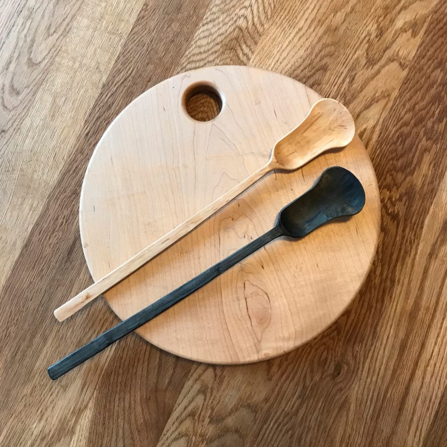 two slim balancing serving scoops hand made from hawthorn