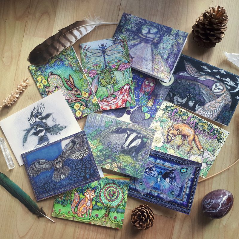 A selection of detailed and colourful, nature inspired greetings cards