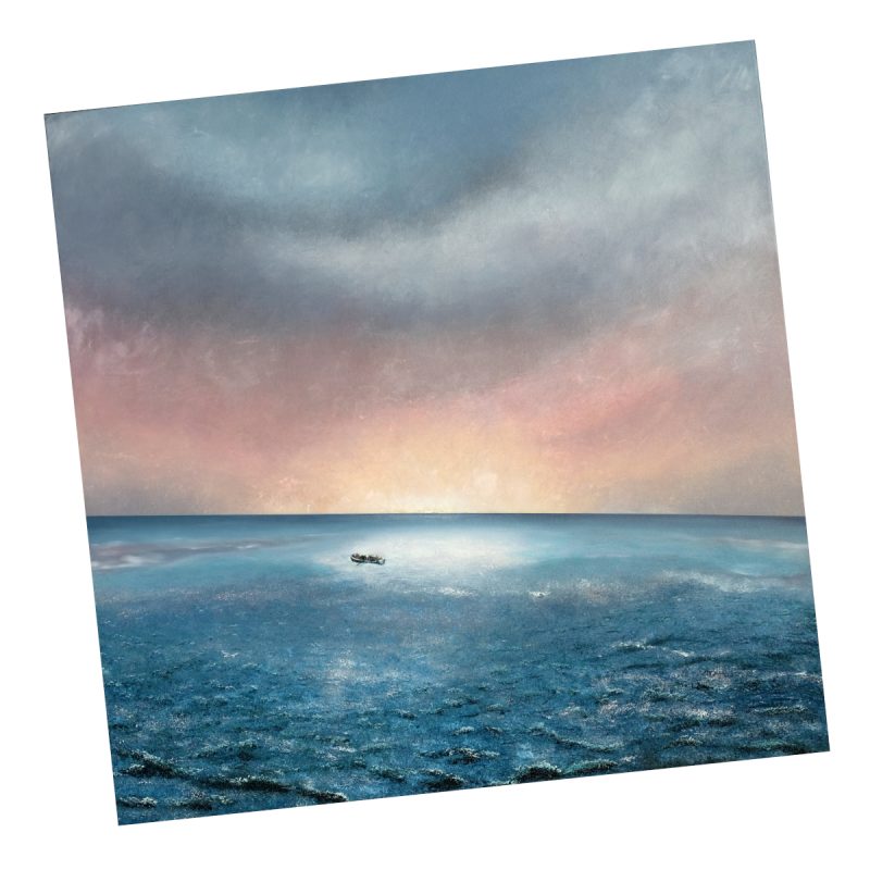 A distant lifeboat, full of people, is seen on a calm sea. The square canvas is hung at a slight angle, although the horizon of the sea is level.