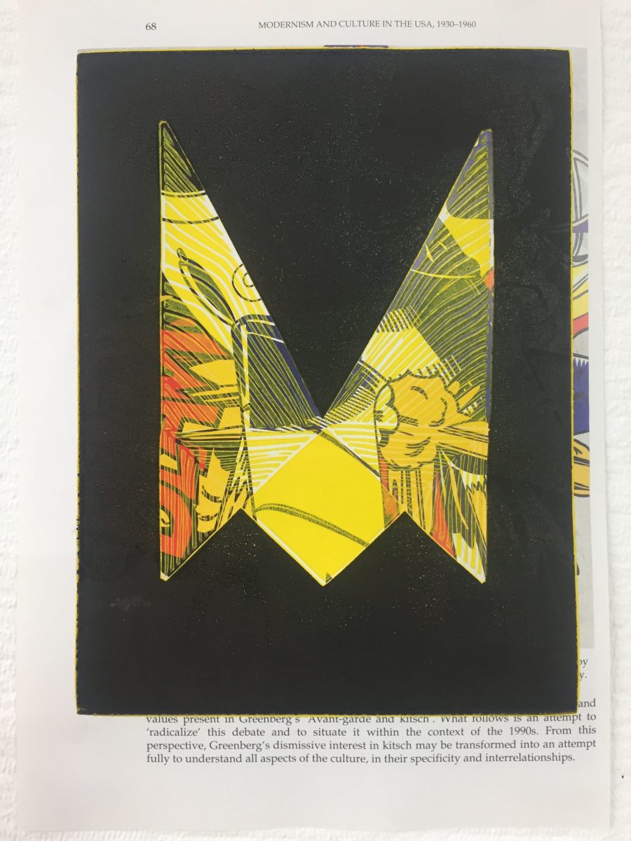 Black and yellow geometric block print over a cartoon image of an American fighter jet