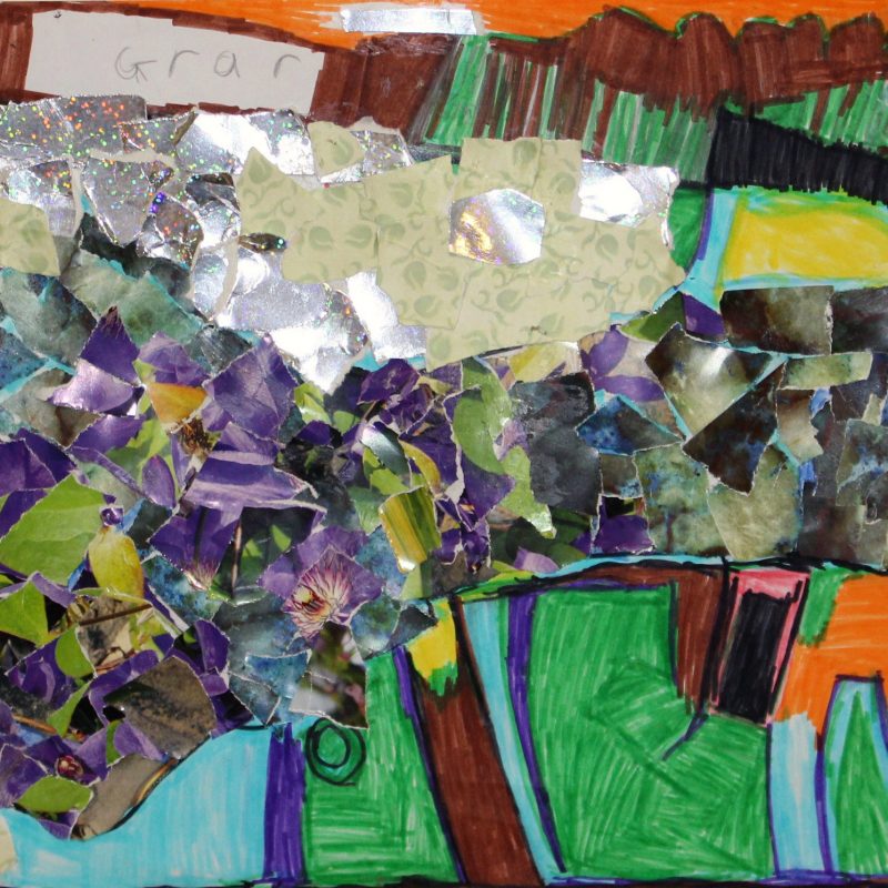 Collage of purple flowers on multi coloured abstract background of light blue, green and orange
