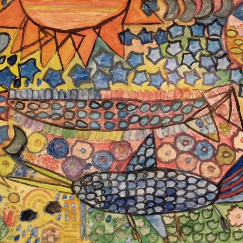 Mosaic style watercolour of blue fish flying across a background of little yellow and white flowers, blue stars, grey planet and orange sun
