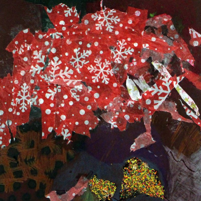 Abstract collage of red tissue paper with white snowflakes; a splash of brown with black dots and a splash of purple with gold 