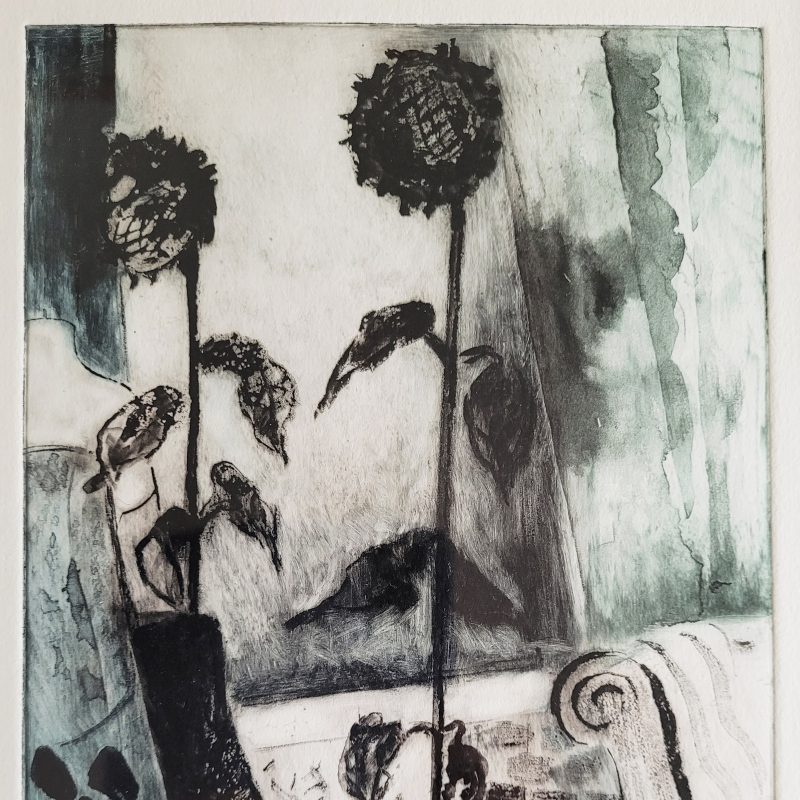 Solar etching of props backstage at the Glyndebourne Opera House, featuring a tall sunflower made of metal, reflected in a long mirror.