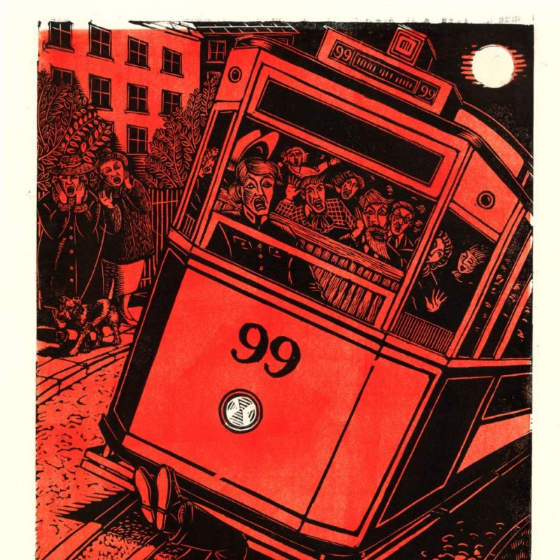 linocut print of  man being hit by a tram full of passengers: From Bulgakov’s Master and Margarita 