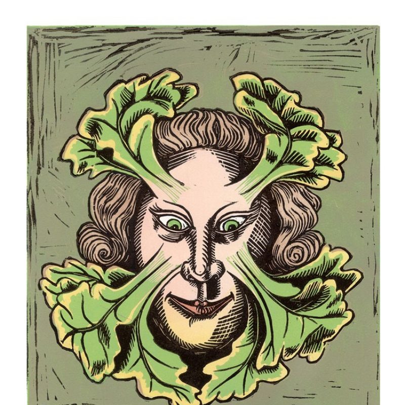 linocut print of a Green Man