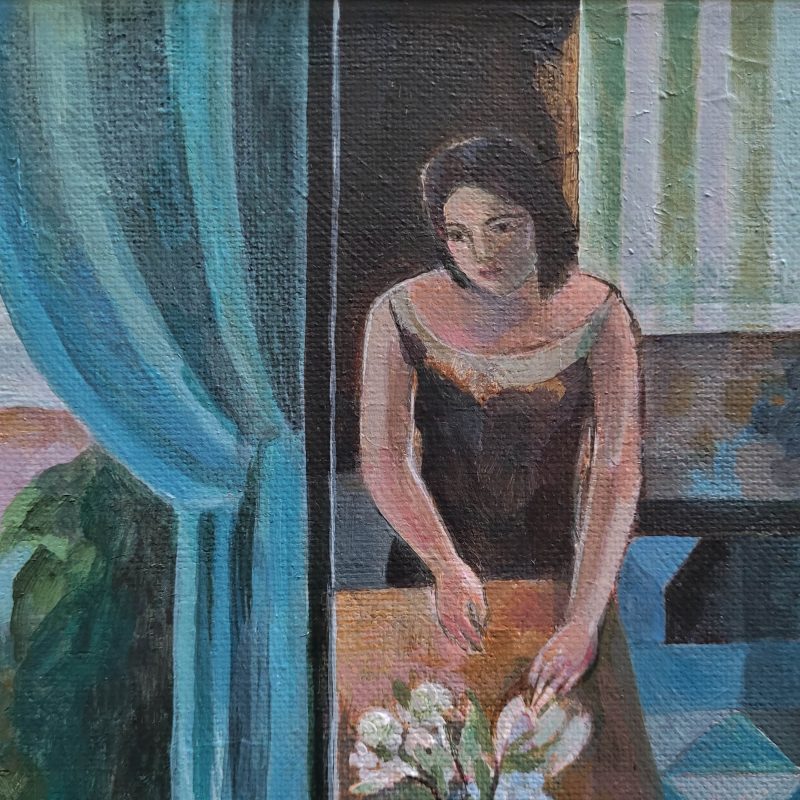 Painting of a Woman deep in thought with her gaze directed at some flowers. The painting is formed of two areas which convey both an inner and outer landscapes.