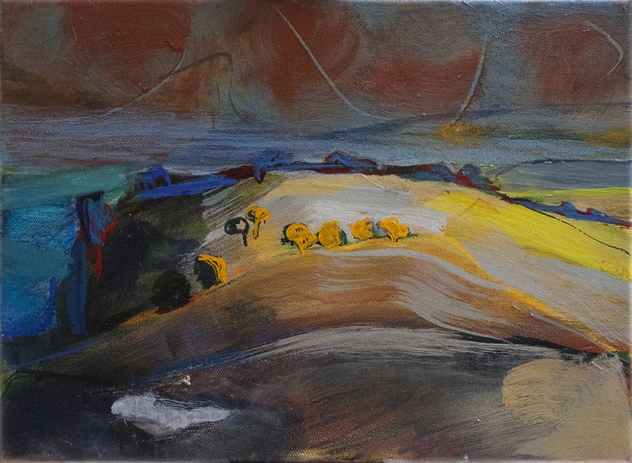 Ditchling Beacon is painted during lockdown. It shows the beacon plateau stretching east in an eery red , yellow and brown palette. These colours are intense, sombre yet glowing and express the relief of reaching a space without boundaries.