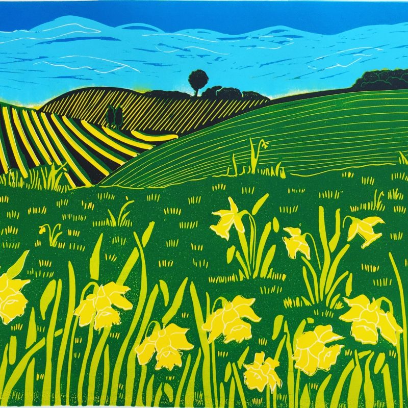 Downland Daffodils framed digital image in green yellow and black