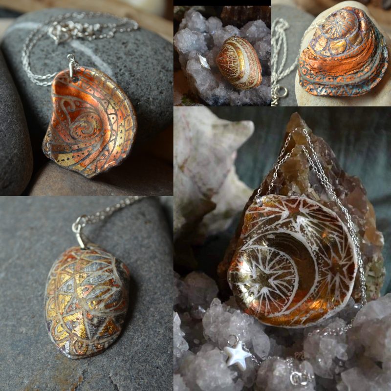 Real seashell pendants, gilded and engraved with abstract decoration, on Sterling Silver chains