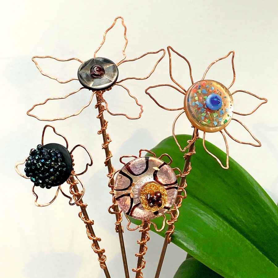 Hammered and Twisted Jewel Flower Copper Sculptures - handmade with Gemstones, Beads and Upcycled Buttons by Brighton Artist Troy Ohlson