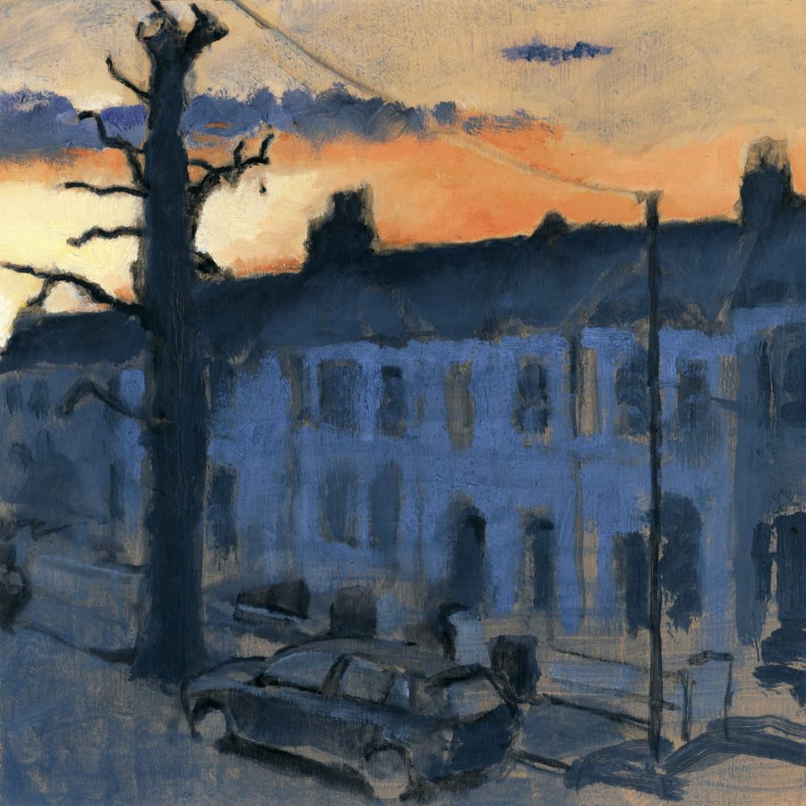 Radiant  sunset above a row of terraced houses shaded in blue with denuded tree standing in dark contrast.