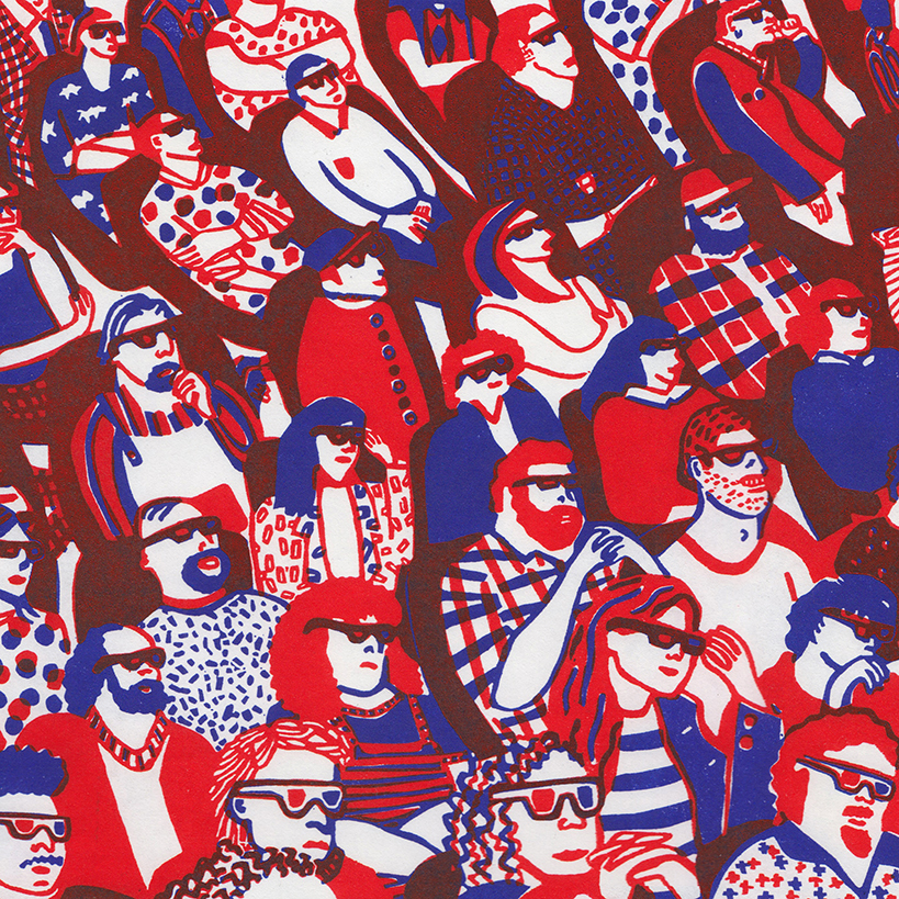 a multilayered linocut print of a crowd of people in the audience of a cinema wearing 3D glasses.
