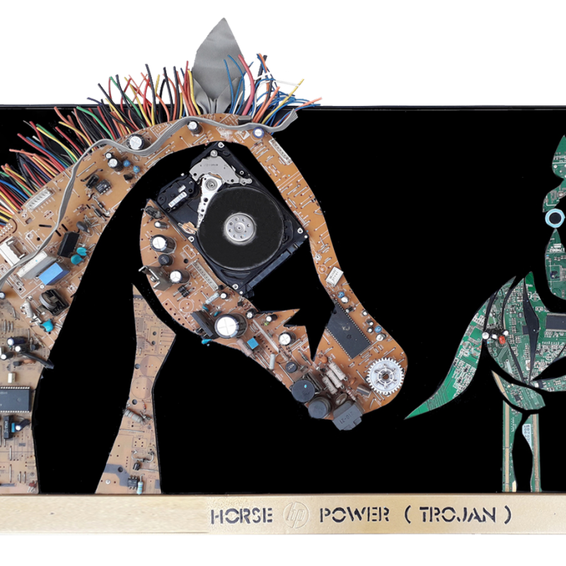 A creation on a recycled HP screen with the silhouette of two horses which depicts a strong virus, 'the trojan' . Materials used - all recycled computer components .  The correlation of the grateful and powerful horse with the cybernetic hackers create a metaphor of indestructible superpowers  interacting with the beauty of the horse