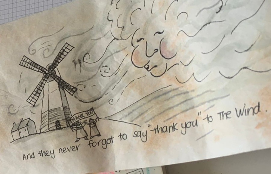 A line drawing of big clowd with puffed cheeks blowing wind at the Windmill while two milliars hold a banner thanking the wind. 