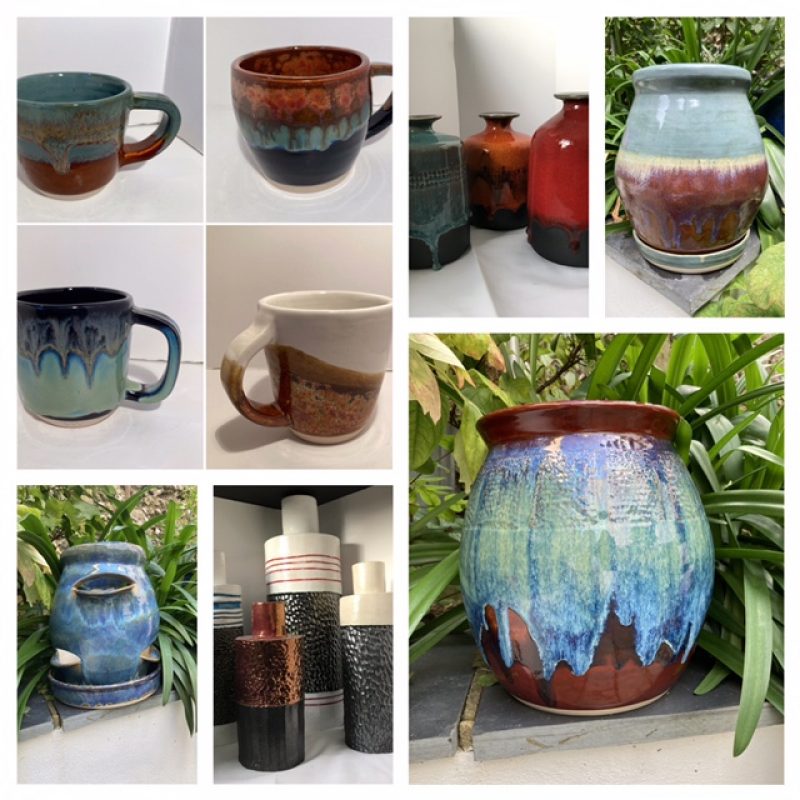 Collage photo of 9 pictures of ceramics mugs, pots and planters