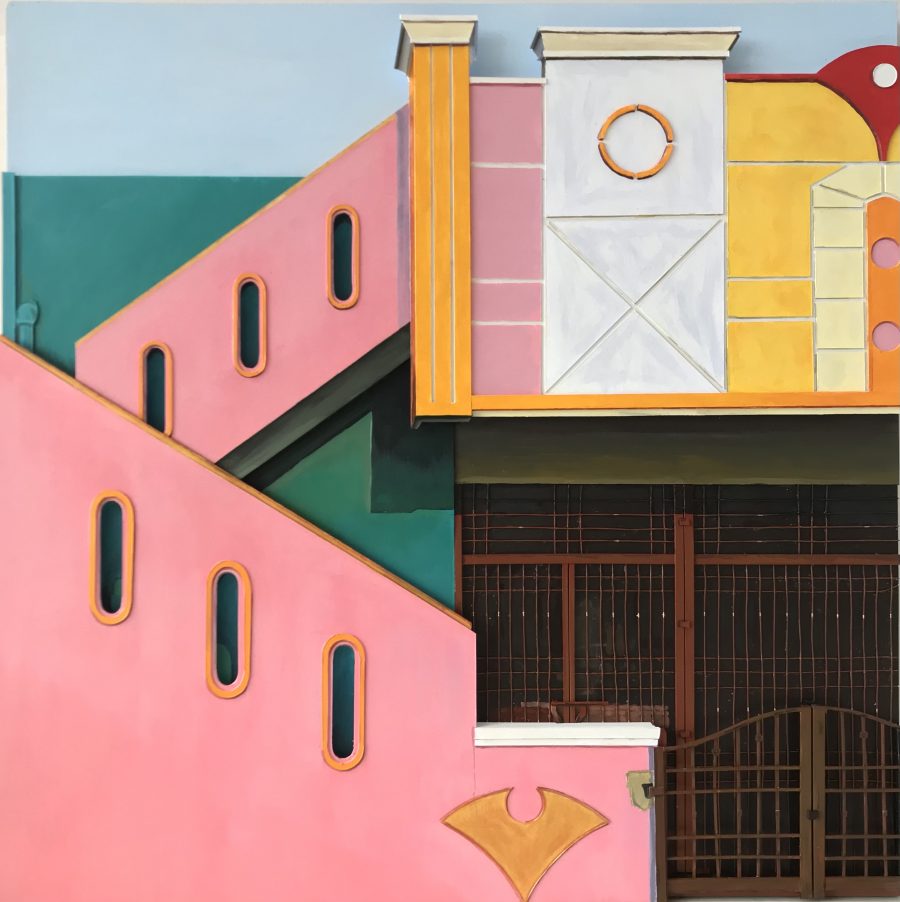 Acrylic painting built in relief of a brightly coloured pink and green building