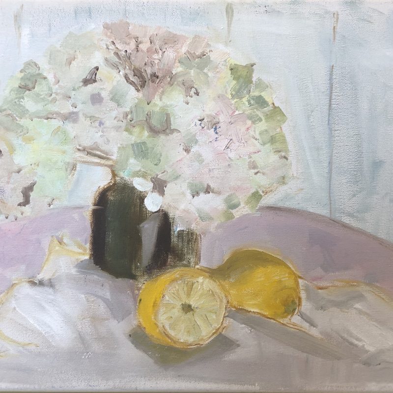 Still life; hydrangea with lemons on a pink tablecloth against a pale blue painted background.