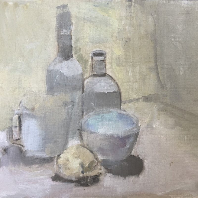 Still Life, oil on canvas of two bottles, a jug, a bowl and a lemon in subtle colours, against a pale lemon background