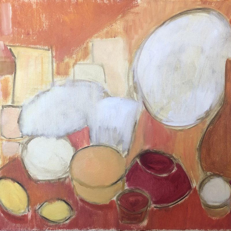 Still life; variety of bowls, jugs and other objects on a red cloth.