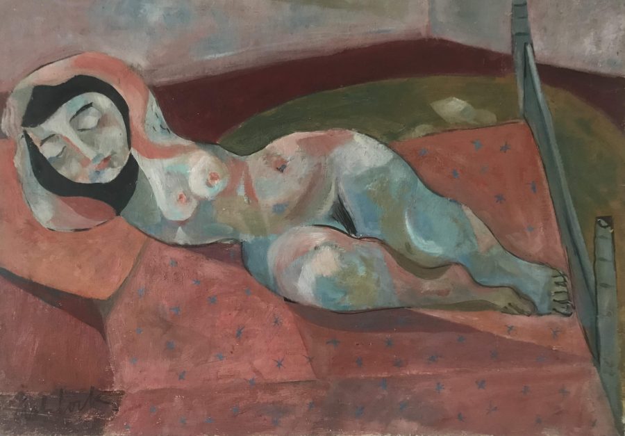 A nude dozes on a pink bed in a humorously coquettish pose