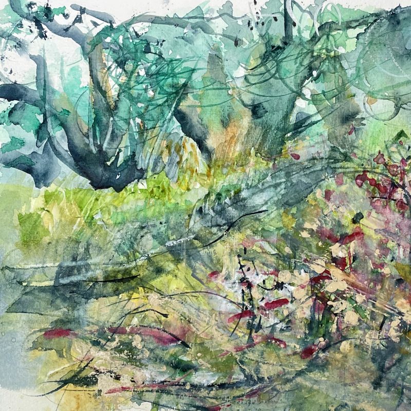 Semi abstract watercolour painting of wildflowers in front of Olive trees in Paxos, Greece