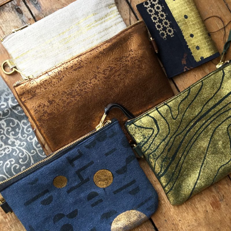 Screen-printed bags and purses, highlighted with metallic foil detail, using natural and found materials  including linen, leather and vegan suede