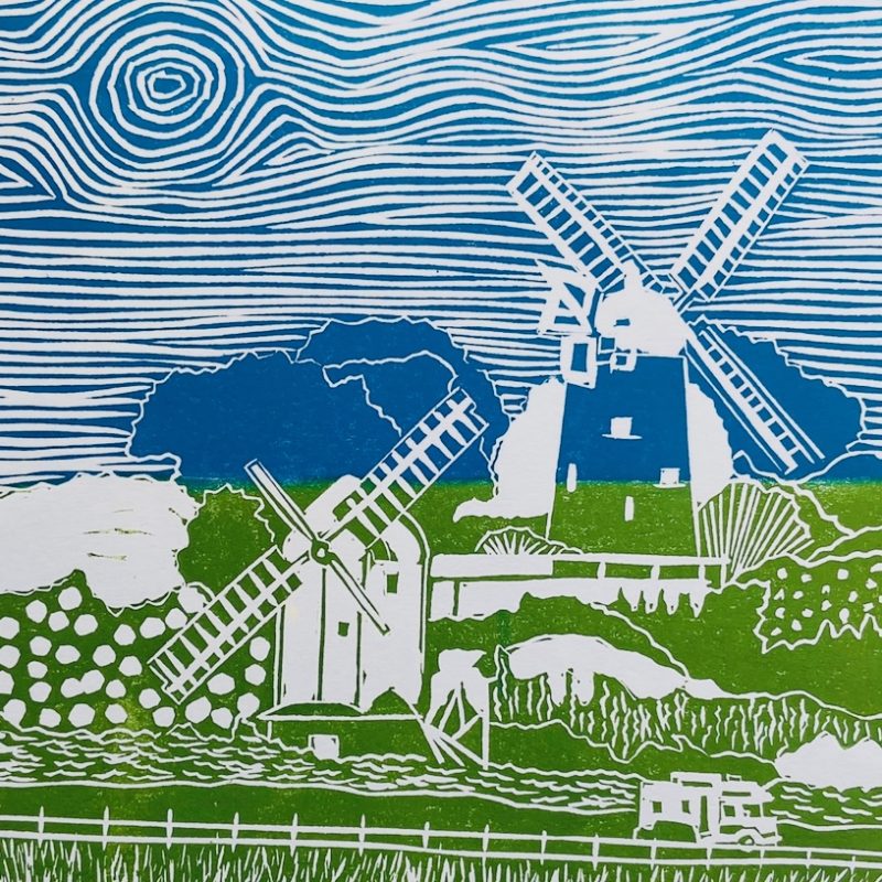 Jack and Jill Windmills blue green and white digital image from linocut